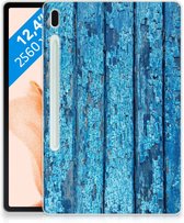 Cover Geschikt voor Samsung Galaxy Tab S7FE Siliconen Hoesje met naam Personaliseren Wood Blue met transparant zijkanten