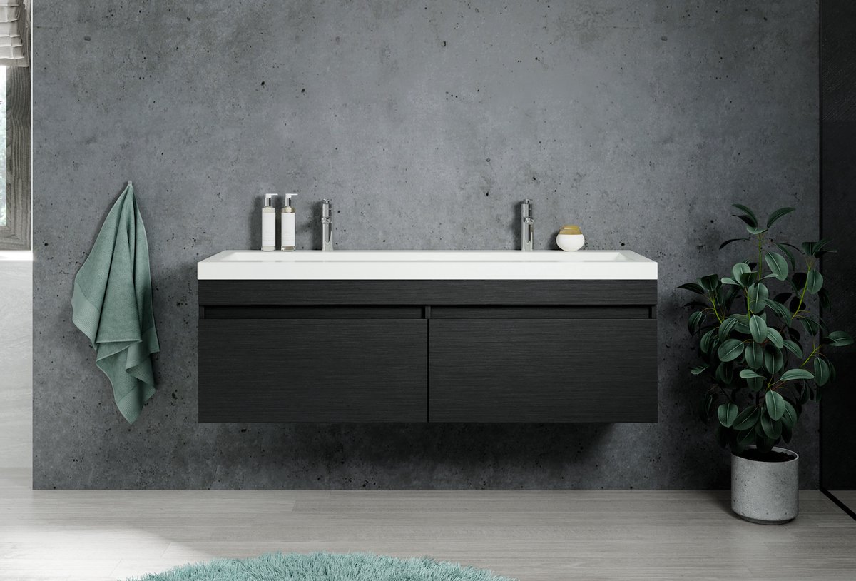 Badkamermeubel Avellino 144 cm zwart met houtnerven