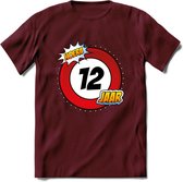 12 Jaar Hoera Verkeersbord T-Shirt | Grappig Verjaardag Cadeau | Dames - Heren | - Burgundy - L