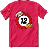 12 Jaar Hoera Verkeersbord T-Shirt | Grappig Verjaardag Cadeau | Dames - Heren | - Roze - S