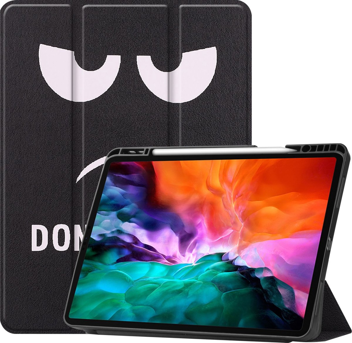 Mobigear Tablethoes geschikt voor Apple iPad Pro 12.9 Inch (2021) Hoes | Mobigear Tri-Fold Gel Bookcase + Stylus Houder - Do Not Touch | Zwart