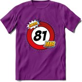 81 Jaar Hoera Verkeersbord T-Shirt | Grappig Verjaardag Cadeau | Dames - Heren | - Paars - L
