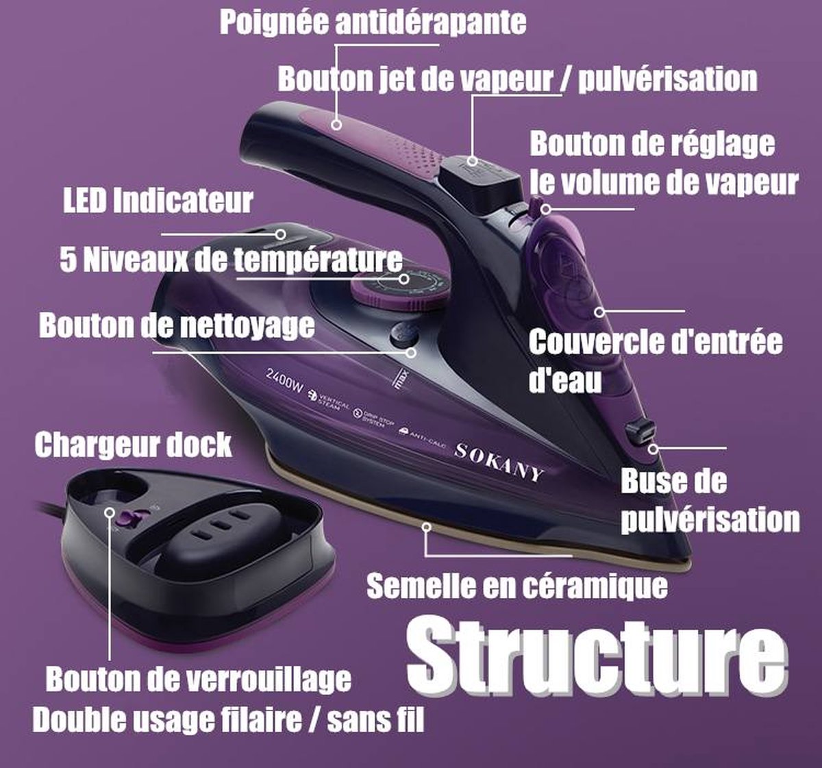 Clatronic db 3706 fer à vapeur sans fil avec semelle en céramique