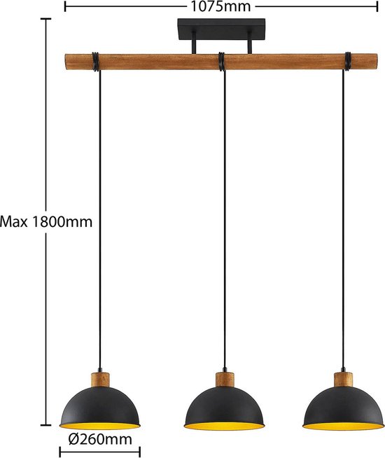 Lindby - hanglamp - 3 lichts - ijzer, rubberboomhout - H: 17.5 cm - E27 - zandzwart, goud, hout