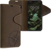 kalibri hoesje voor Apple iPhone 13 Pro - leren hoes met pasjeshouder - Vintage Kompas design - bruin