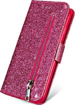 Hoesje geschikt voor Oppo A15 Glitter Bookcase met rits van LuxeBass - hoesje - portemonneehoesje - Roze - bookcase - boekhoesje - book case - boek hoesje