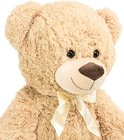 Gezicht van een bruine teddybeer van 100cm met zachte vacht, donkere kraaloogjes en een crèmekleurige strik.