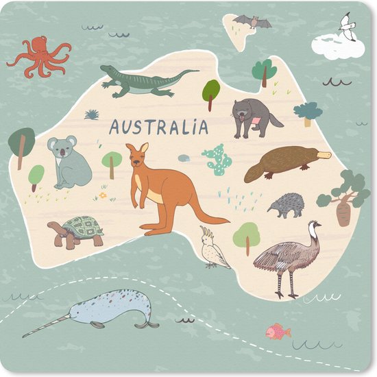 Muismat 30x30 cm - Mousepad Wereldkaart kinderen - Dieren - Australië - Jongens - Blauw - Kids - Muismatten