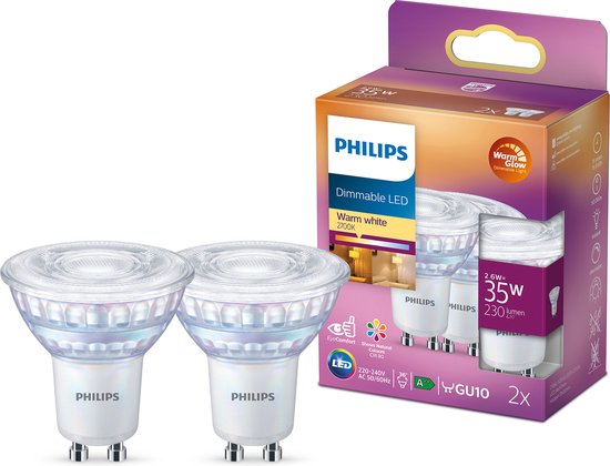 Nieuwe betekenis Vijftig chirurg Philips energiezuinige LED Spot - 35 W - GU10 - Dimbaar warmwit licht - 2  stuks -... | bol.com