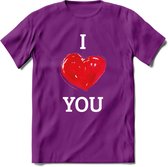 I Love You - Valentijn T-Shirt | Grappig Valentijnsdag Cadeautje voor Hem en Haar | Dames - Heren - Unisex | Kleding Cadeau | - Paars - M