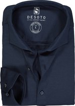 DESOTO slim fit overhemd - stretch pique tricot haifisch kraag - donkerblauw melange - Strijkvrij - Boordmaat: 47/48