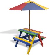 Decoways - Kinderpicknicktafel met banken en parasol hout meerkleurig