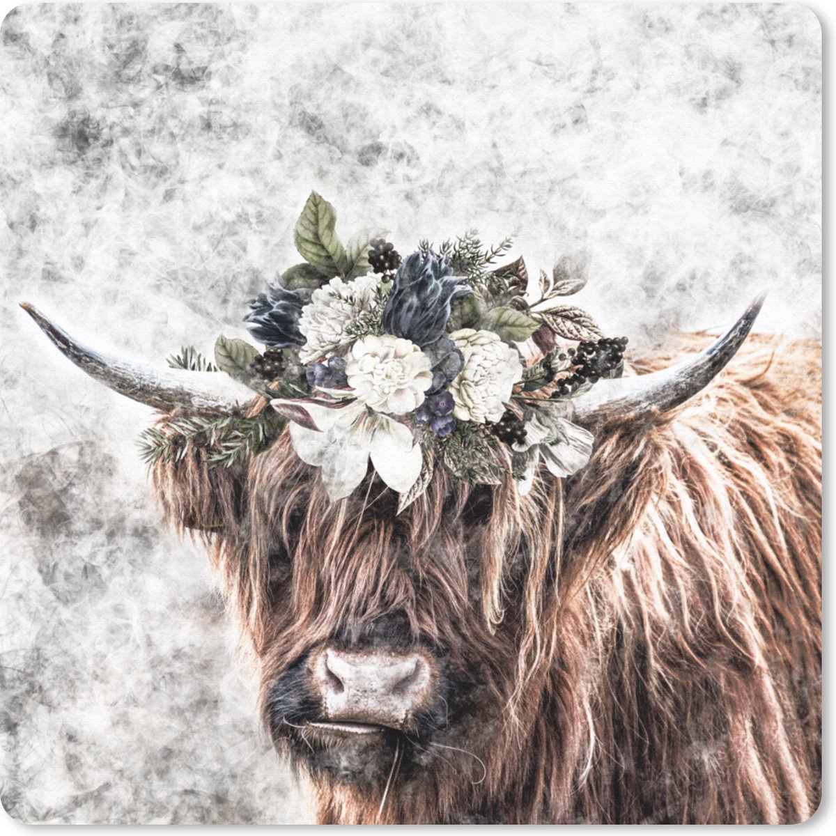 Muismat 20x20 cm - Mousepad Schotse Hooglander - Schotse Koe - Bloemen - Muismatten