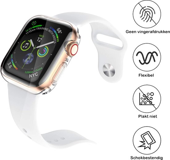 Gouden Apple Watch met transparante bumper. Flexibel, vingerdrukproof en schokbestendig.
