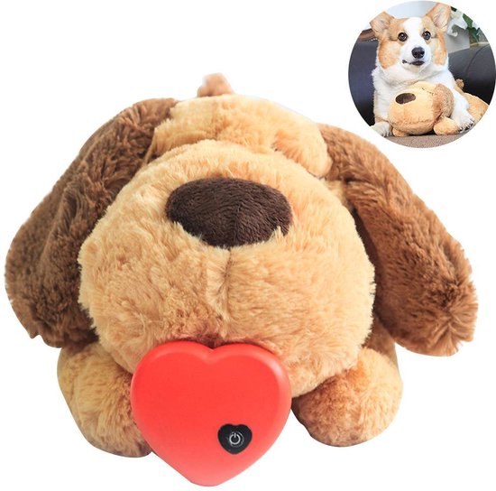 Chien en peluche marron avec un cœur rouge, un petit corgi dans un cercle à l'arrière-plan.