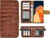 OnePlus 9 Hoesje - Bookcase - Portemonnee Hoes Echt leer Wallet case Croco Kaneelbruin