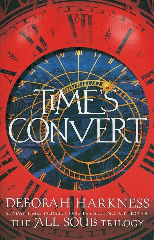 Boekomslag met een grote rode klok met gouden wijzers en Romeinse cijfers. De titel 'Time's Convert' is in witte letters gedrukt.