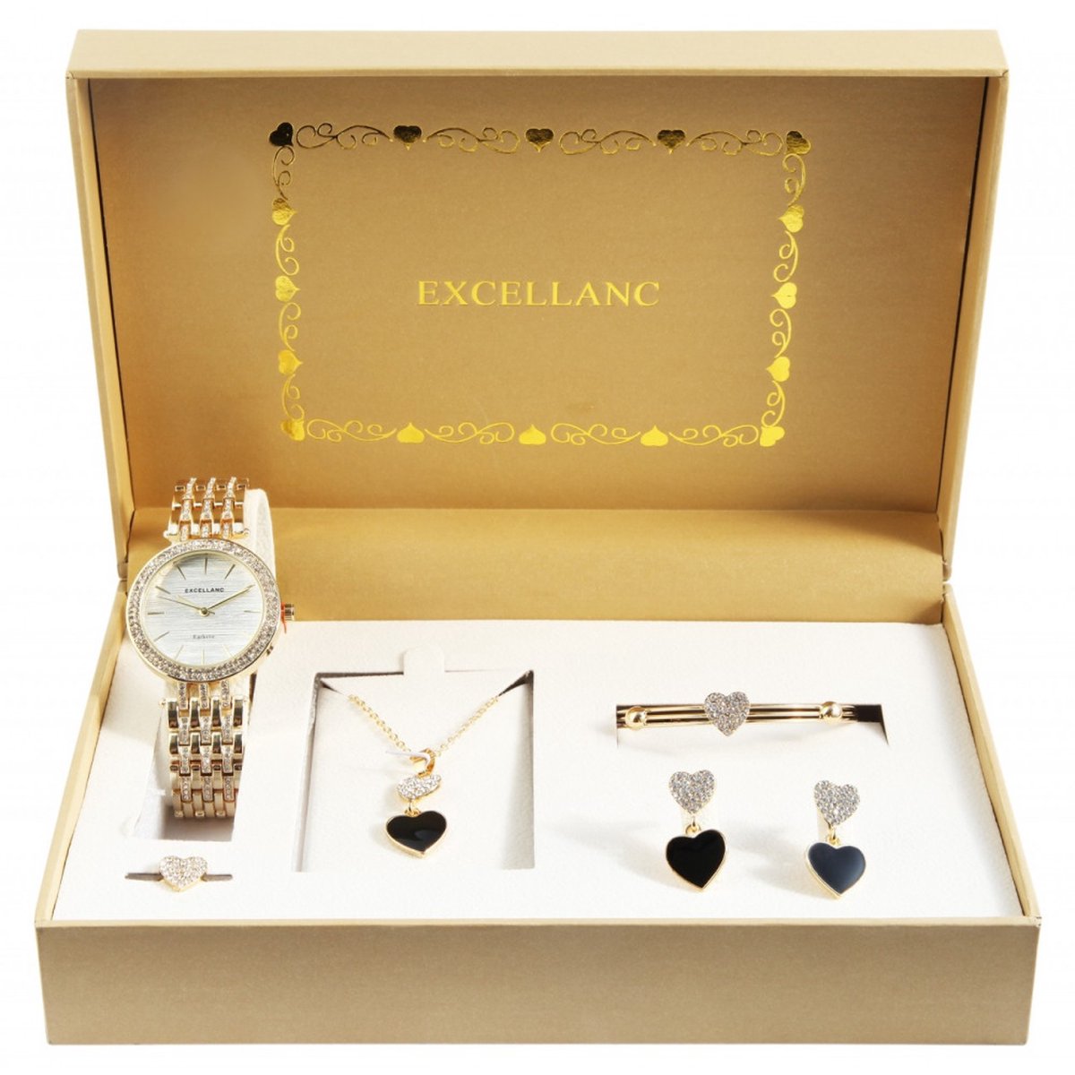Excellanc dameshorloge geschenkset goudkleurig cadeauset ketting, ring, oorbellen, armband kerstcadeau