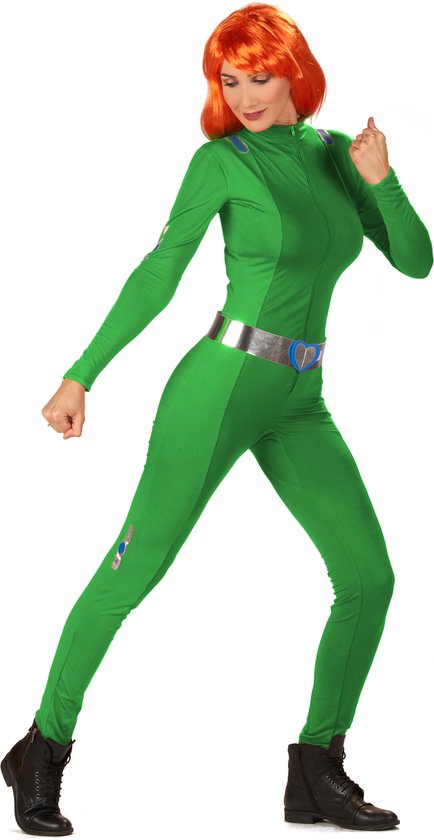 Groen spionnenkostuum met lange mouwen, zilveren riem en blauwe hartjes, op een model.