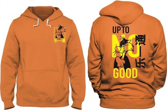 Oranje hoodie met op de voorkant een gele doos met zwarte tekst. Op de achterkant een afbeelding van Sylvester de kat met de tekst 'UP TO NO GOOD'.