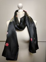 Lange dames sjaal Ria gebloemd motief zwart wit rood groen roze