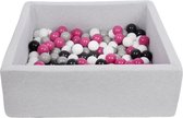 Ballenbak vierkant - grijs - 90x90x30 cm - met 150 wit, fuchsia, grijs en zwarte ballen