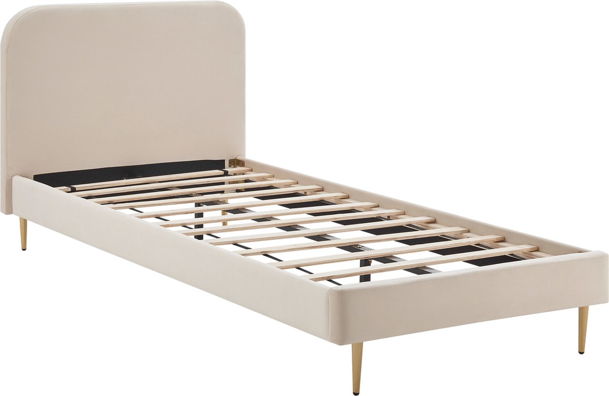 Bed Grace Beige - Velours - 90x200cm - Met lattenbodem - Hoogte 91 cm