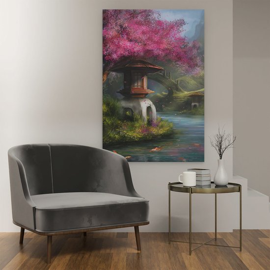 Artaza - Peinture sur Canevas - Rivière dessinée avec des fleurs en Chine - 80x120 - Petit - Photo sur Toile - Impression sur Toile