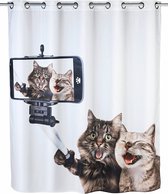 WENKO Selfie Cat Flex Douchegordijn, antibacterieel, waterafstotend, wasbaar, schimmelbestendig, met geïntegreerde ophanginrichting, polyester, 180 x 200 cm, meerkleurig