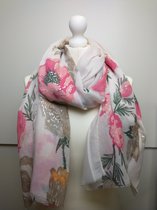 Lange dames sjaal Celine gebloemd taupe roze oranje groen cerise zilver
