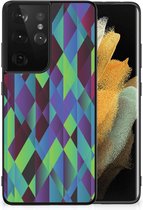 Smartphonehoesje met naam Geschikt voor Samsung Galaxy S21 Ultra TPU Silicone Hoesje met Zwarte rand Abstract Groen Blauw
