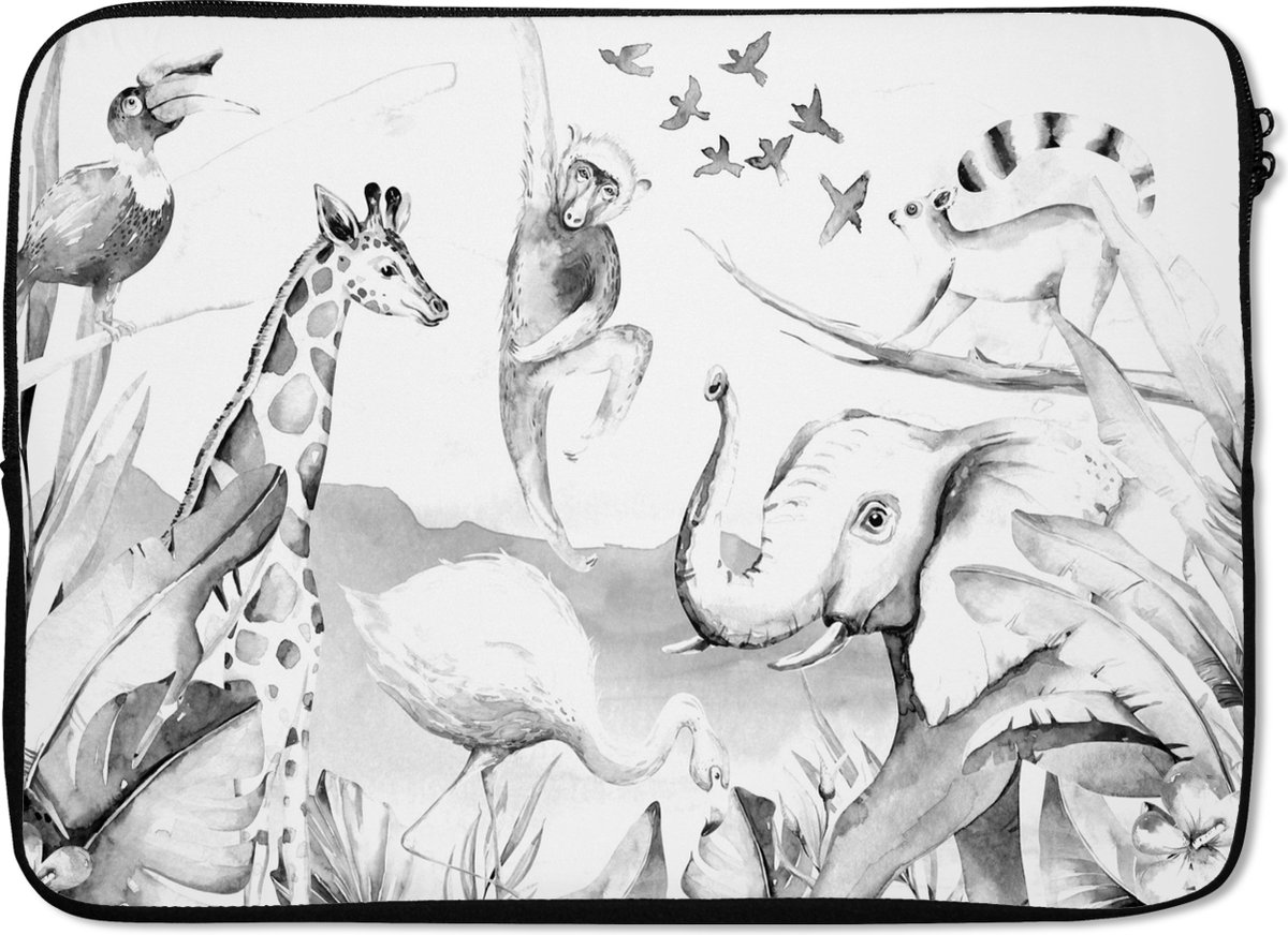 Laptophoes 13 inch - Jungle - Dieren - Waterverf - Jongens - Meisjes - Kinderen - Kind - Laptop sleeve - Binnenmaat 32x22,5 cm - Zwarte achterkant