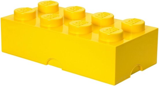 Boîte de rangement LEGO jaune en forme de brique à 8 tenons.