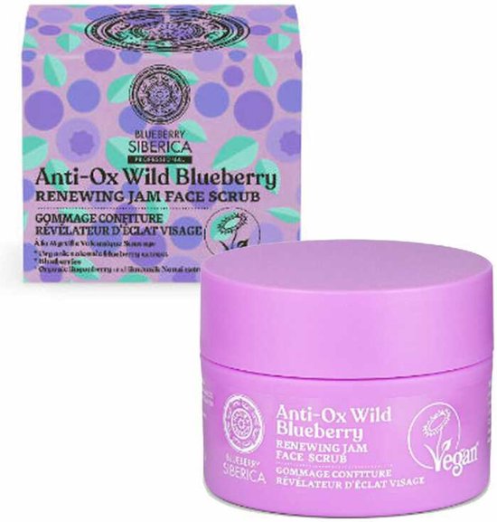 Paarse pot met 'Anti-Ox Wild Blueberry Renewing Jam Face Scrub' en een paarse doos met blauwe bessenprint. Vegan logo.