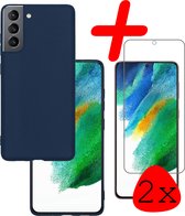 Samsung Galaxy S21 FE Hoesje Siliconen Met 2x Screenprotector - Samsung Galaxy S21 FE Case Hoes Met 2x Screenprotector - Donker Blauw