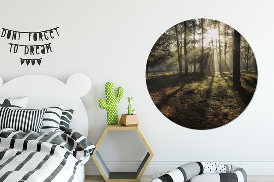 WallCircle - Stickers muraux - Cercle Papier Peint - Forêt - Soleil - Brouillard - 120x120 cm - Cercle Mural - Auto Adhésif - Sticker Papier Peint Rond XXL