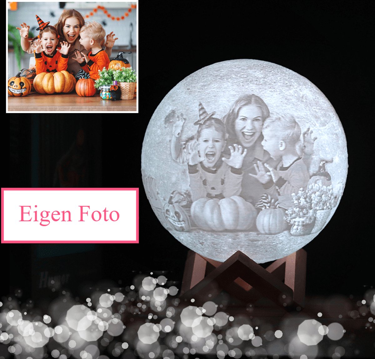 Eigen Foto Maanlamp 3D + Tekst - 13cm - 16 Kleuren met afstandsbediening - Inclusief houten standaard - Maanlamp - Gepersonaliseerde Cadeau - Geschenk - Aandenken - Moonlight - Moederdag - Vaderdag