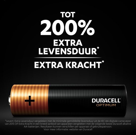 Pile Duracell Optimum AA, noire avec tête dorée, coupe transversale montrant 2 ingrédients actifs.