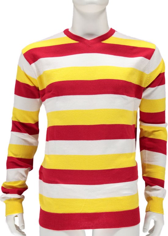 Pull Oeteldonk - Rayures - Pull carnaval tricoté - Rouge / Wit/ Jaune - Taille XL - Vêtement carnaval femme - Carnaval - Apollo