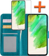 Hoesje Geschikt voor Samsung S21 FE Hoes Bookcase Flipcase Book Cover Met Screenprotector - Hoes Geschikt voor Samsung Galaxy S21 FE Hoesje Book Case - Turquoise