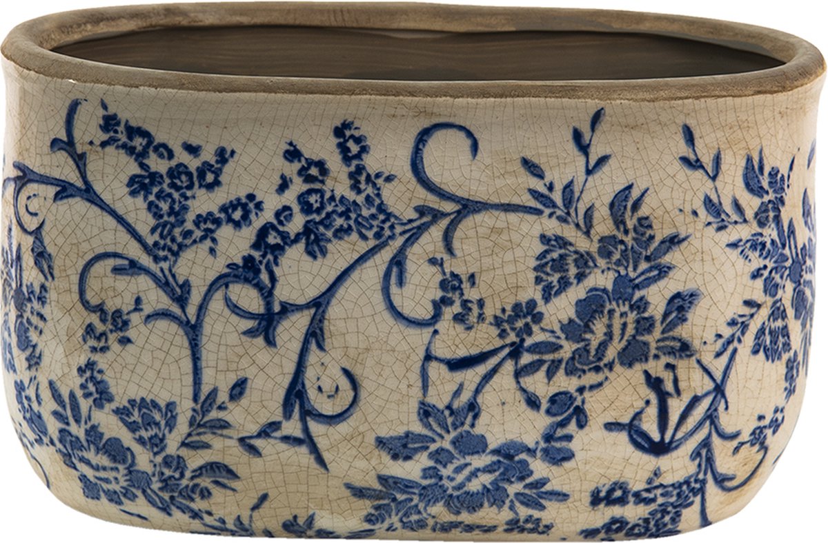 Clayre & Eef Bloempot 22x10x12 cm Blauw Wit Keramiek Bloemen
