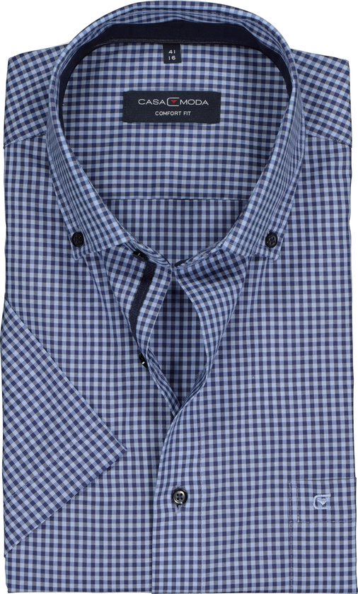 CASA MODA comfort fit overhemd - korte mouw - blauw geruit (contrast) - Strijkvrij - Boordmaat: