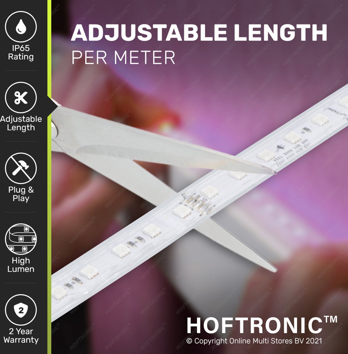 HOFTRONIC™ Dimmable LED Strip - 2m - RGB - 60 LEDs/m - IP65 - Plug & Play -  SMD 5050 - Flex60 Series