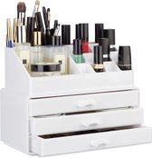 Relaxdays 1x make-up organizer - stapelbaar - sieradendoos - cosmetica opbergbox - wit