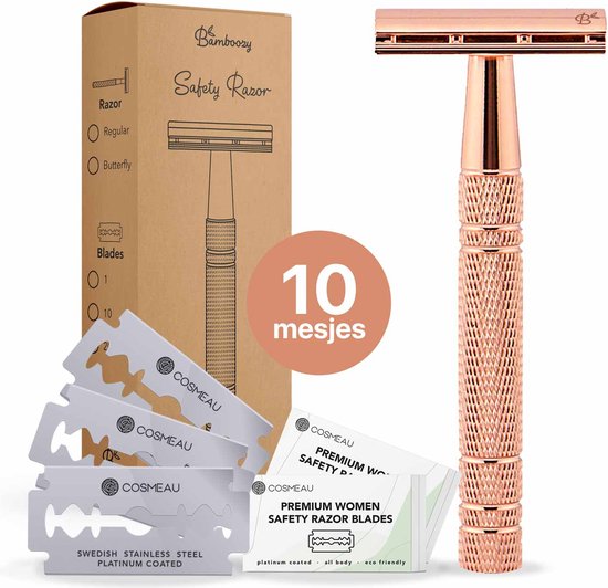 Bamboozy Safety Razor + 10 Scheermesjes Aluminium Rose Gold Goud Unisex voor Vrouwen Scheermes