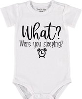 Baby Rompertje met tekst 'What, were you sleeping?' | Korte mouw l | wit zwart | maat 62/68 | cadeau | Kraamcadeau | Kraamkado