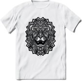 Leeuw - Dieren Mandala T-Shirt | Grijs | Grappig Verjaardag Zentangle Dierenkop Cadeau Shirt | Dames - Heren - Unisex | Wildlife Tshirt Kleding Kado | - Wit - M