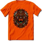 Leeuw - Dieren Mandala T-Shirt | Groen | Grappig Verjaardag Zentangle Dierenkop Cadeau Shirt | Dames - Heren - Unisex | Wildlife Tshirt Kleding Kado | - Oranje - 3XL
