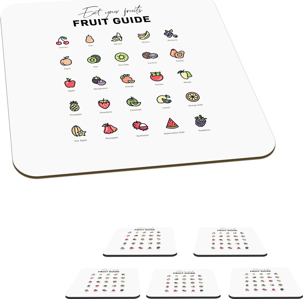 Onderzetters voor glazen - Keuken - Fruit - Voedsel - 10x10 cm - Glasonderzetters - 6 stuks