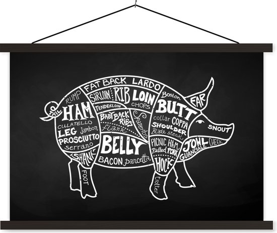 Porte-affiche avec affiche - Affiche scolaire - Cochon - Boucher - Viande - 150x100 cm - Lattes noires